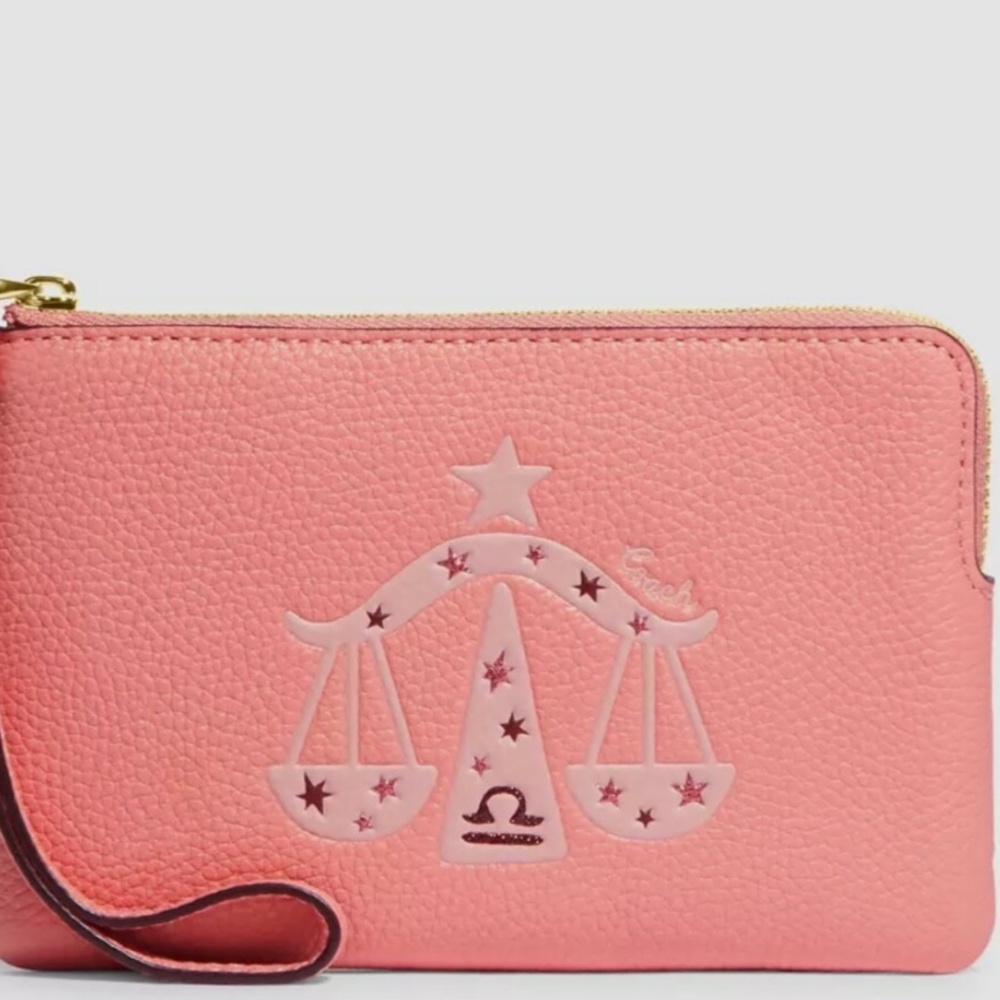 NWT Coach Corner Zip Zodiac Wristlet In Canvas Leather With Libra CF533